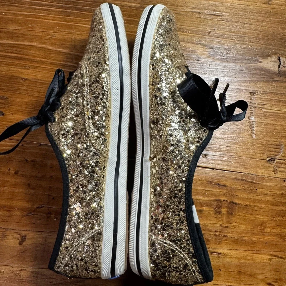Keds X Kate Spade New York Women Gold Glitter Lace-Up Sneakers Black Lace Size 8